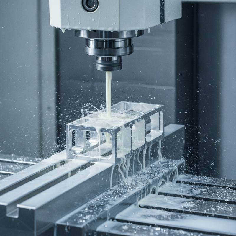 Close-up of thin-walled aluminum CNC machining with coolant