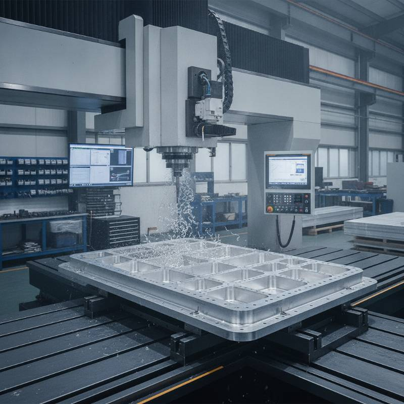 Large gantry CNC machine processing aluminum battery tray