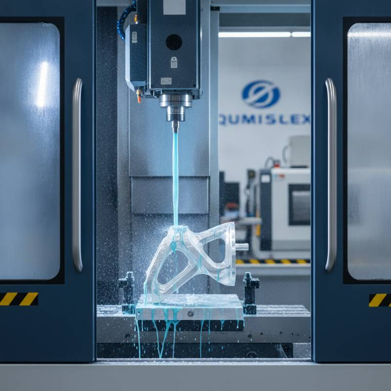 Industrial CNC milling machine working on a complex metal part with blue coolant spray