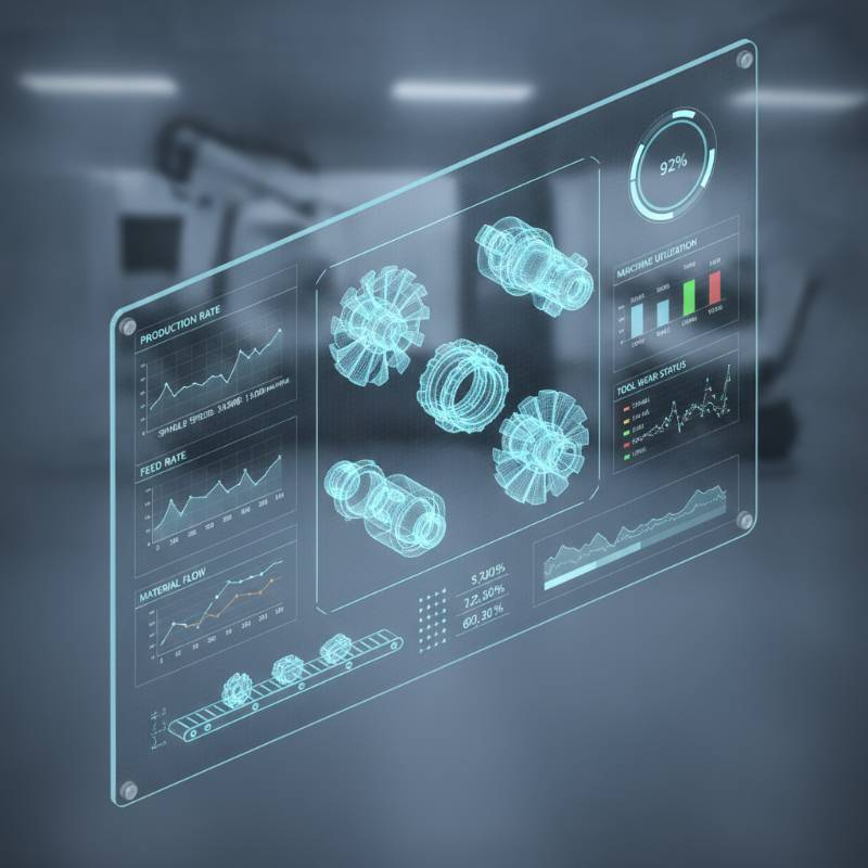 Futuristic digital dashboard showing real-time CNC machine data and 3D part models