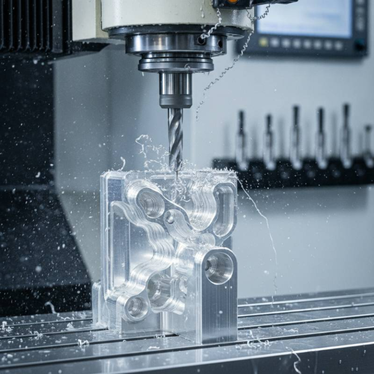 CNC milling tool cutting a complex aluminum part with visible tool paths
