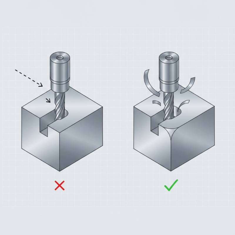 Technical diagram showing the difference between a sharp internal corner and a radiused corner with an end mill