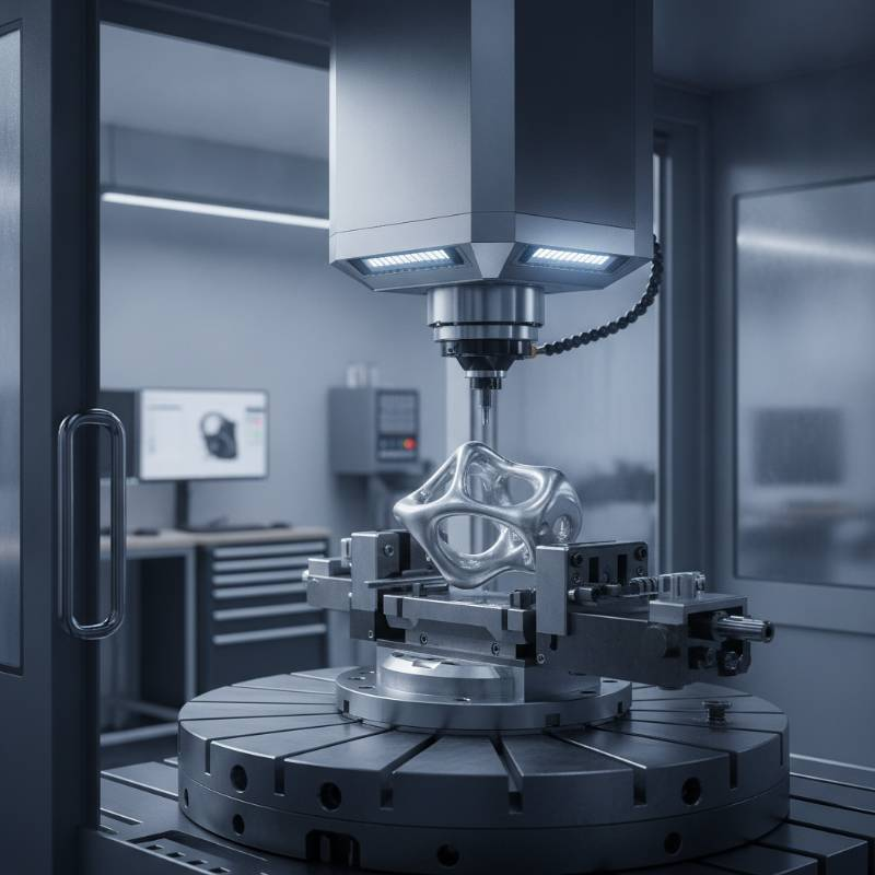 A 5-axis CNC machine head approaching a part held in a precision vise