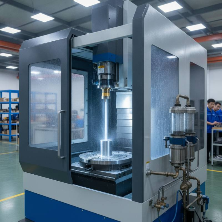 Industrial CNC gun drilling machine in operation with high-pressure coolant