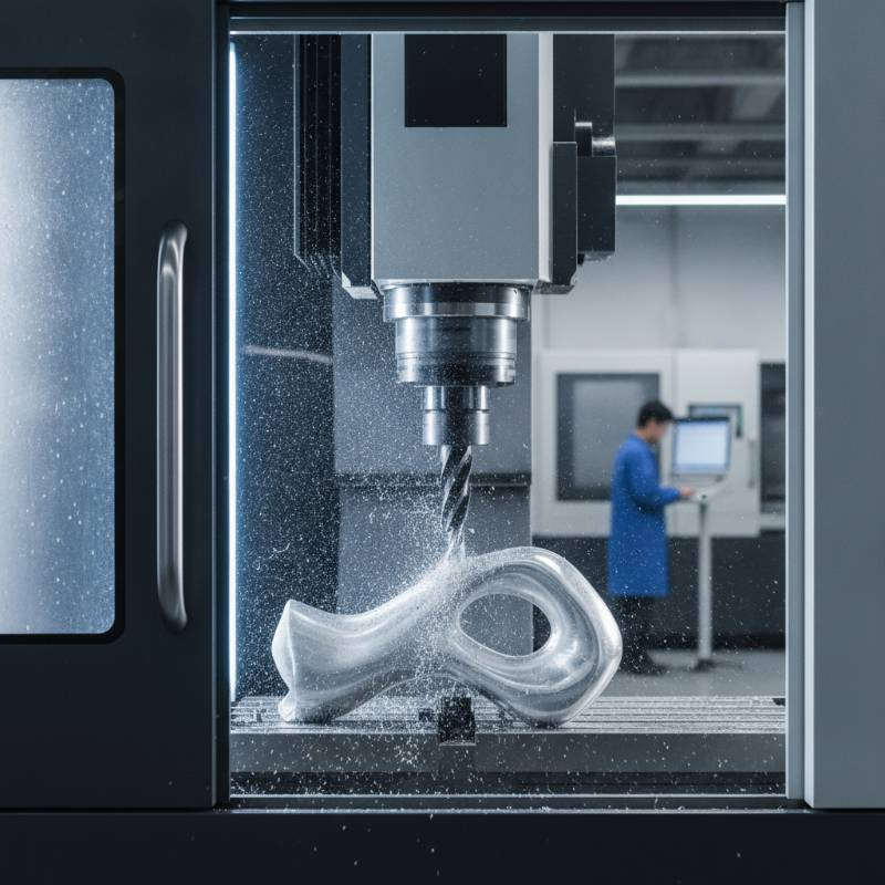CNC milling machine cutting complex metal part with precision