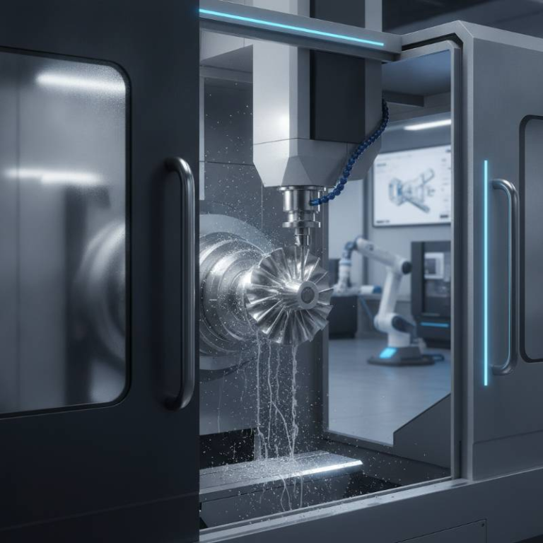 Mill-turn CNC machine cutting complex metal part
