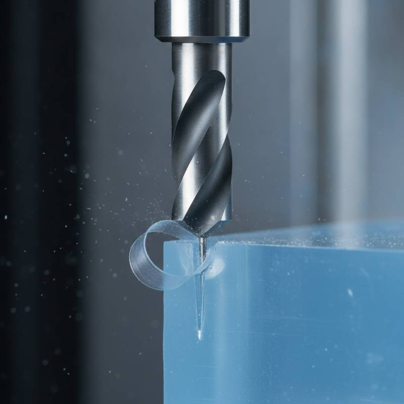 Microscopic view of CNC tool cutting polymer