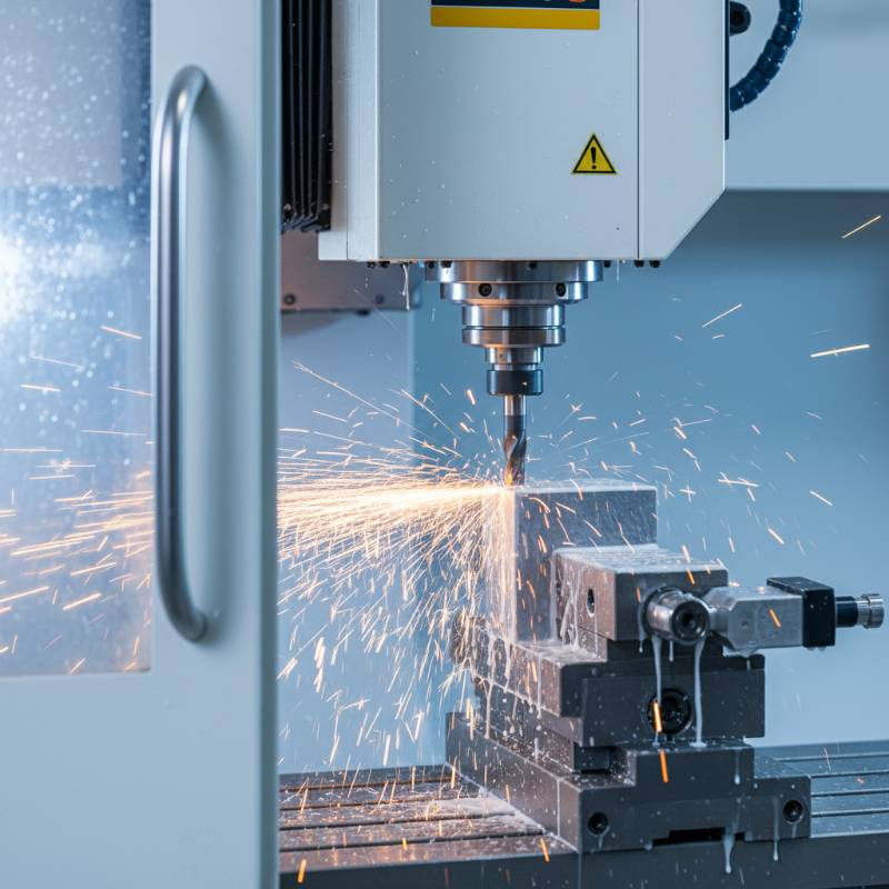Close up of a CNC machine cutting tungsten steel with sparks and coolant spray