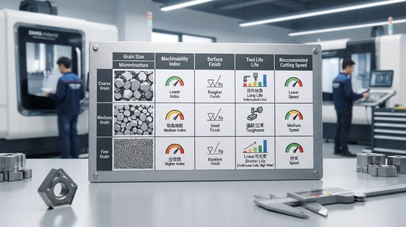 WC-Co Grain Size vs. Machinability Matrix Table illustrating microstructural grain variations and machining parameters