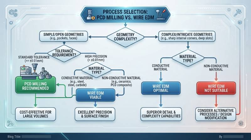 PCD Milling vs. Wire EDM Process Decision Flowchart detailing tolerance and geometry pathways