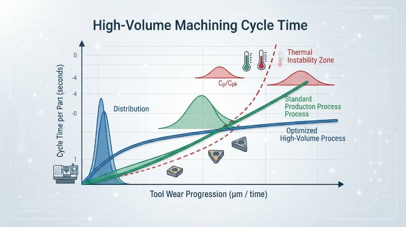 High-Volume Machining Cycle Time vs Tool Wear Diagram showing thermal stability curves and process capability distributions in clean industrial style