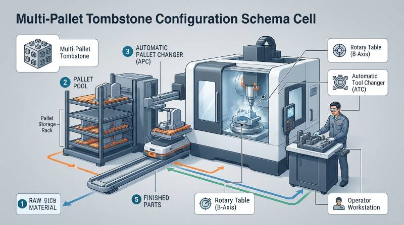HMC Multi-Pallet Tombstone Fixturing Configuration Schema showing robotic automation pallet changer and horizontal cutting zone