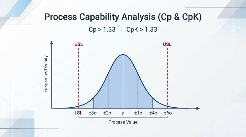 Process Capability Curve Cp and CpK distribution graph showing normal bell curve with upper and lower specification limits within six sigma