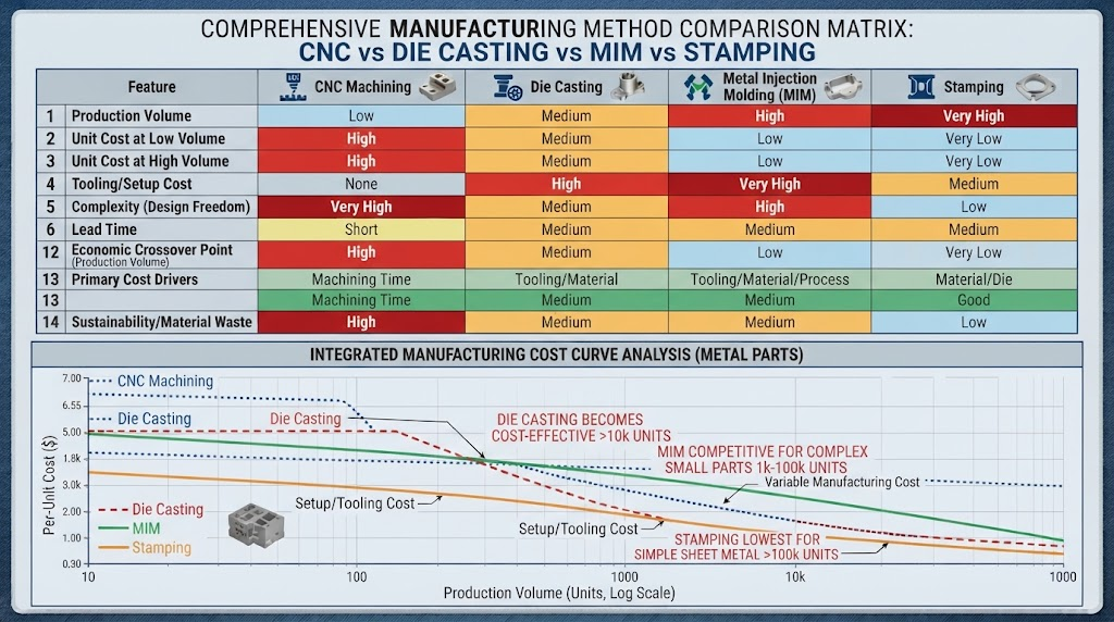 Comprehensive Manufacturing Method Comparison Matrix CNC vs Die Casting vs MIM vs Stamping cost curve graph
