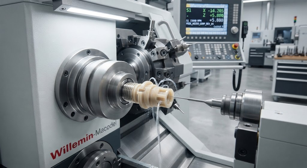 Ultra-precision CNC lathe machining a complex cylindrical PEEK polymer component with micro-bore features and ultra-smooth surface finish