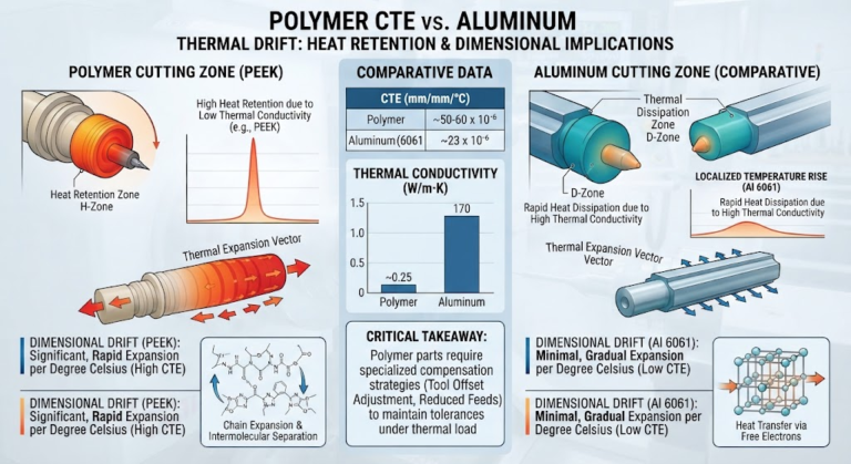 Polymer CTE vs Aluminum Thermal Drift Infographic displaying thermal expansion differentials and heat retention in polymer cutting zones