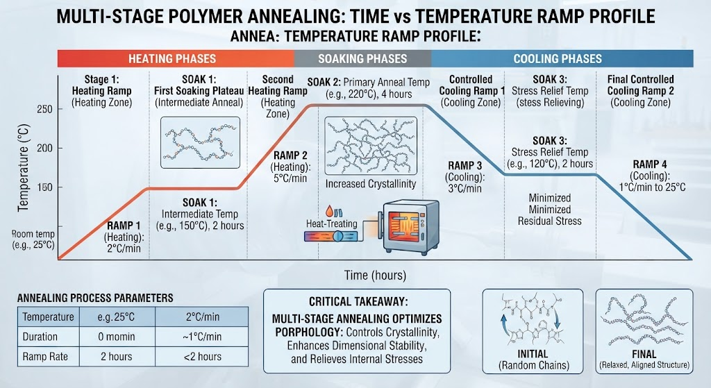 Multi-Stage Polymer Annealing Time vs Temperature Ramp Curve showing heating, soaking, and controlled cooling phases