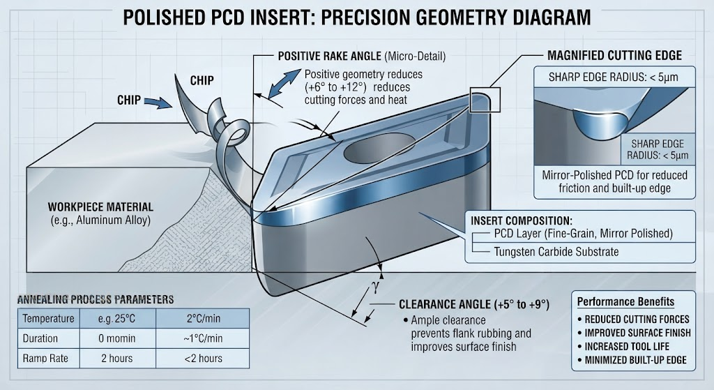 Polished PCD Insert Rake and Clearance Angle Tool Geometry Diagram highlighting sharp edge radius and positive angles