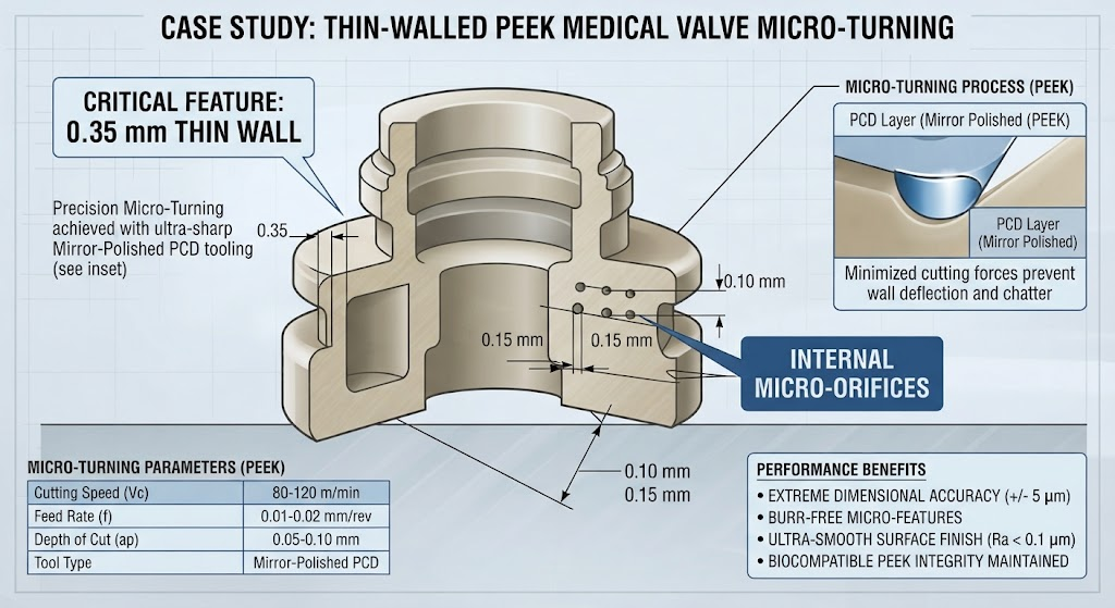 Thin-Walled PEEK Medical Valve Micro-Turning Case Study Cross-Section highlighting 0.35 mm wall and internal micro-orifices