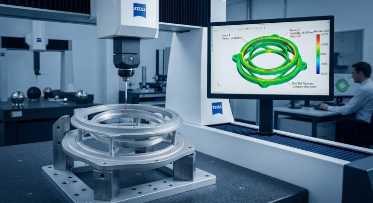 Zeiss CMM coordinate measuring machine inspecting an ultra thin walled 7075-T651 CNC machined optical housing showing dimensional heat map