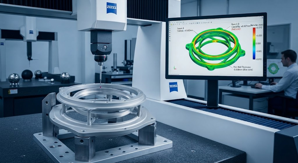 Zeiss CMM coordinate measuring machine inspecting an ultra thin walled 7075-T651 CNC machined optical housing showing dimensional heat map