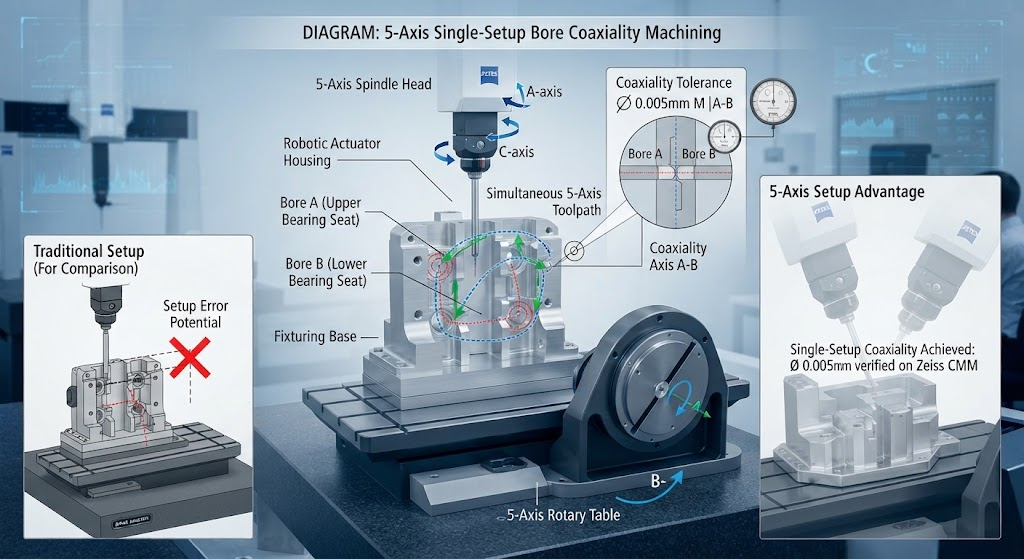 5-Axis Single-Setup Bore Coaxiality Machining Diagram showing multi-axis toolpaths targeting opposing bearing seats in a robotic actuator housing