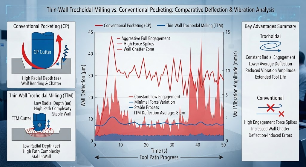 Thin-Wall Trochoidal Milling vs. Conventional Pocketing Deflection Graph showing tool engagement forces and wall vibration amplitude