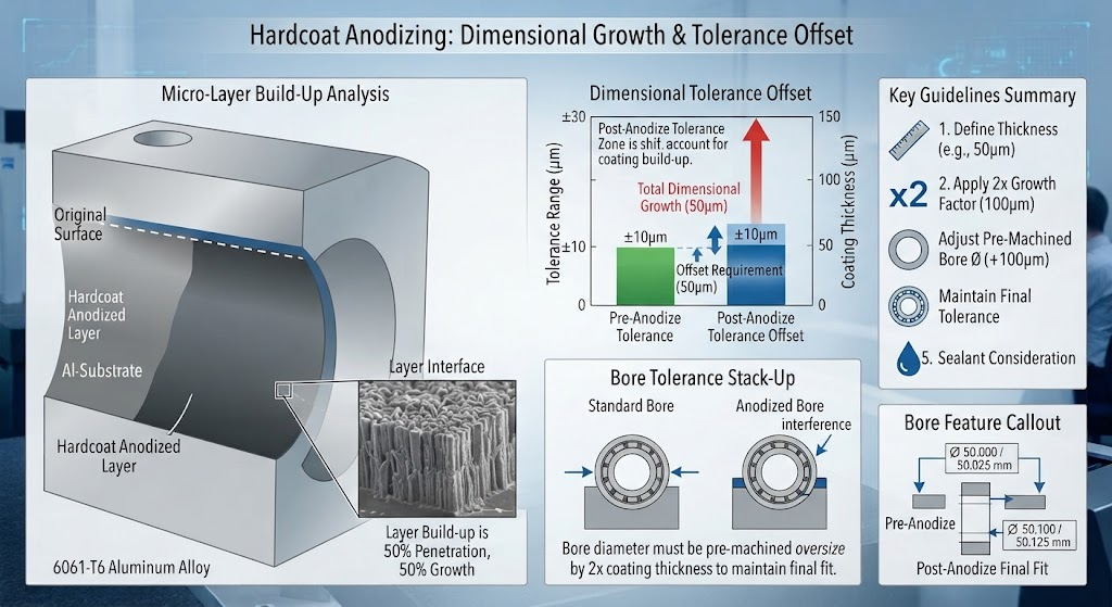Hardcoat Anodizing Dimensional Growth & Tolerance Offset Infographic displaying micro-layer build-up on precision bearing bores