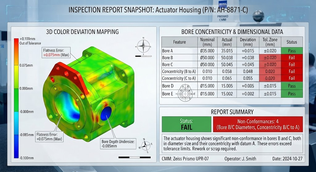 Zeiss Prismo CMM Actuator Housing Inspection Report Snapshot with 3D color deviation mapping and bore concentricity data