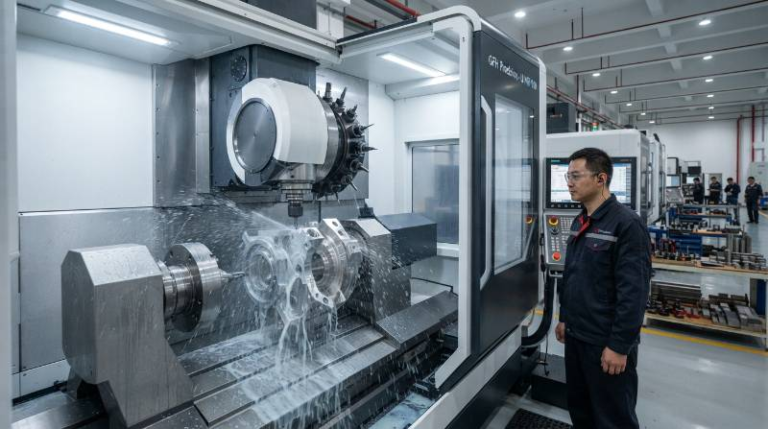 Industrial high-precision 9-axis mill-turn multi-tasking CNC machining center cutting stainless steel aerospace component with coolant spray