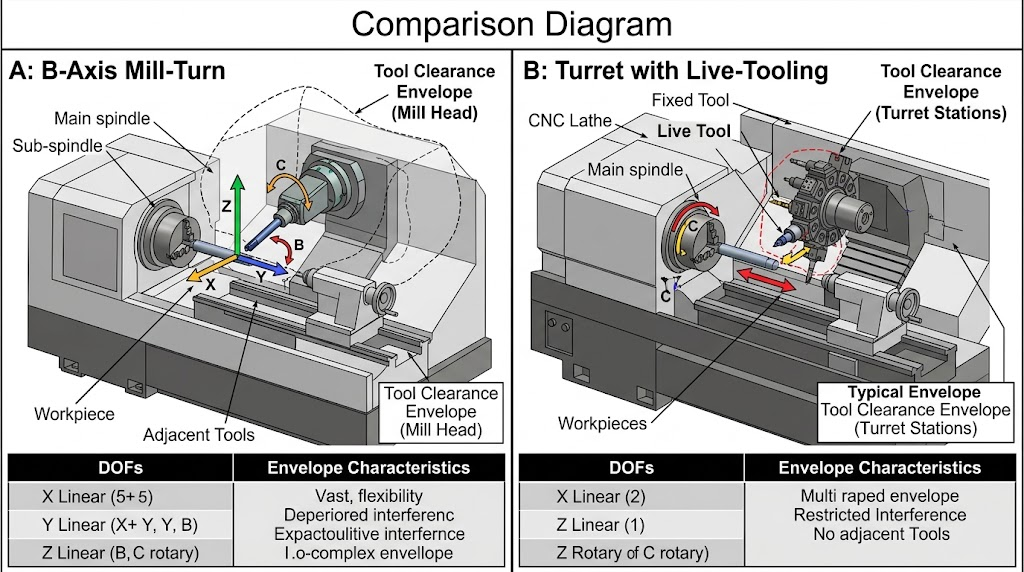 B-Axis vs Turret Live-Tooling Kinematic Comparison Diagram showing degrees of freedom and tool clearance envelopes