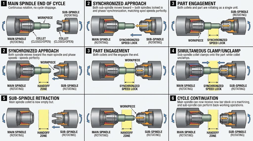 Sub-Spindle Part Handoff Synchronization Sequence Animation Diagram showing collet transfer without cycle stoppage