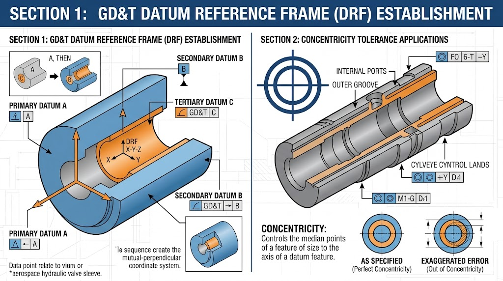 GD&T Datum Reference Frame and Concentricity Tolerance Infographic on an aerospace hydraulic valve sleeve