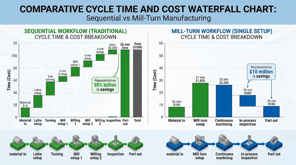 Comparative Cycle Time and Cost Waterfall Chart Sequential vs Mill-Turn manufacturing workflow breakdown