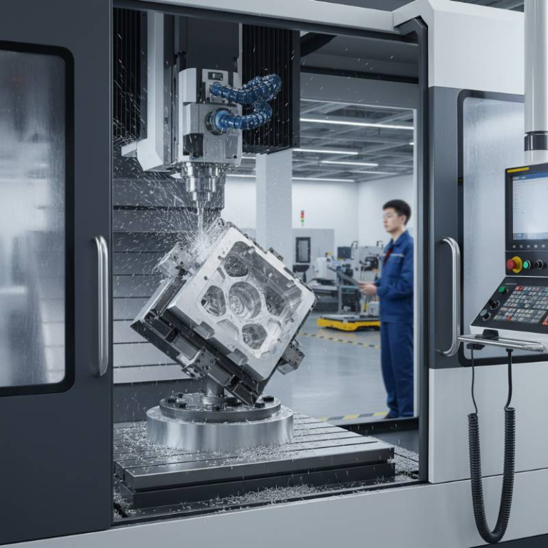 5-axis CNC machine milling a complex aluminum chamber