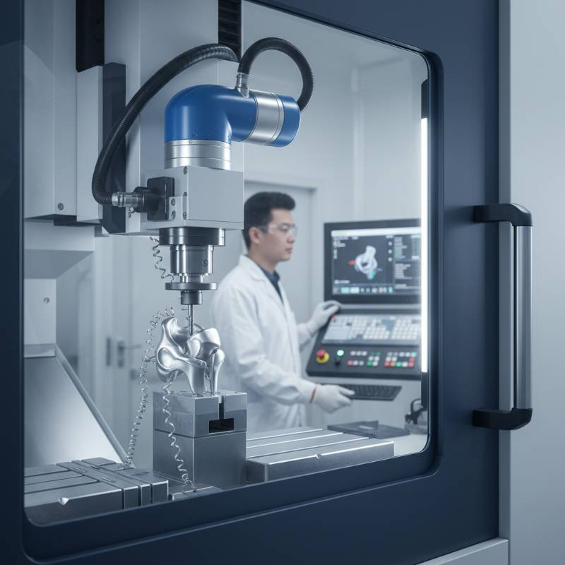 5-axis CNC machine milling a titanium hip joint implant