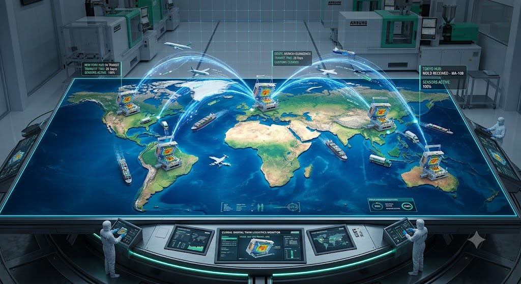 A map showing global logistics routes with 3D mold icons moving between continents