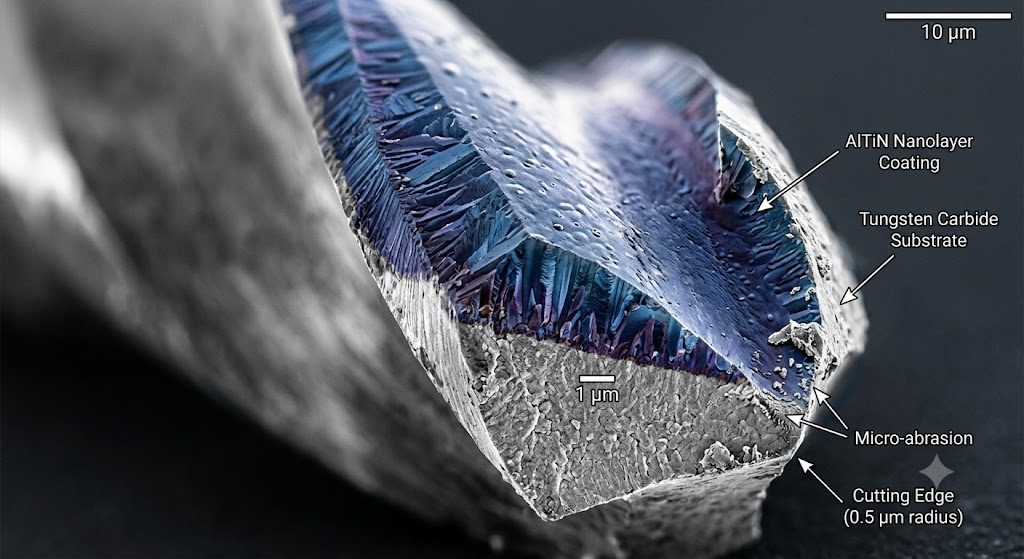 Microscopic view of AlTiN coated carbide end mill