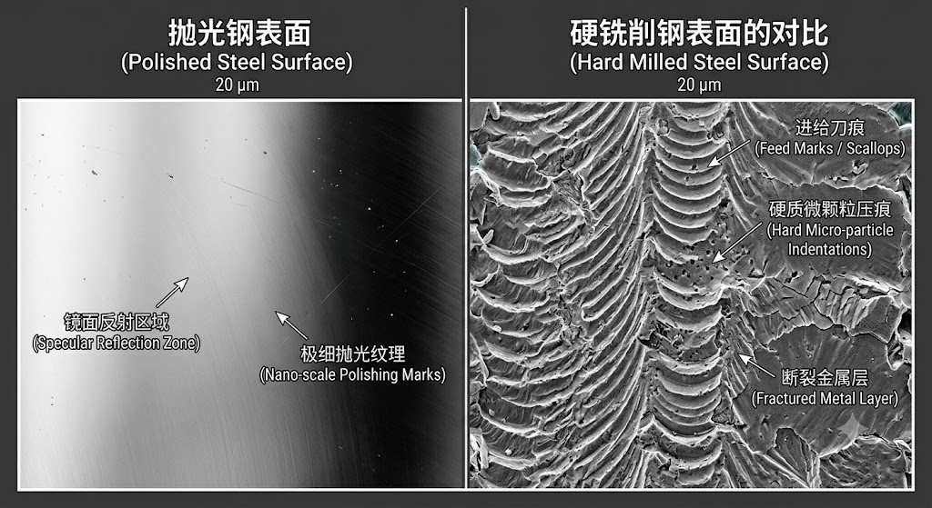 Comparison of polished vs hard-milled steel surface under magnification
