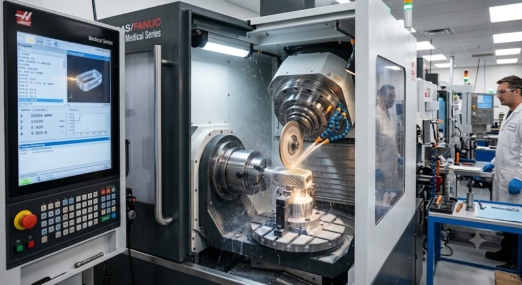 High-precision medical CNC grinding machine working on a titanium implant