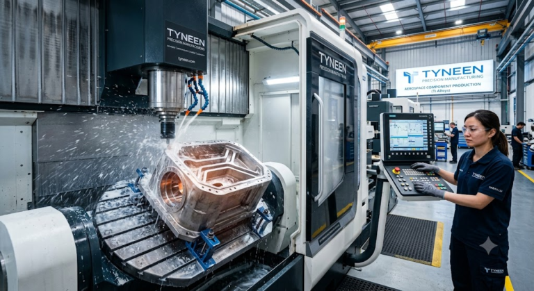 Precision CNC machine cutting aerospace titanium part in a high-tech facility