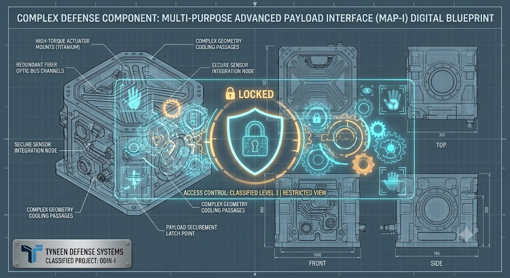 Digital blueprint of a complex defense component with security lock overlay