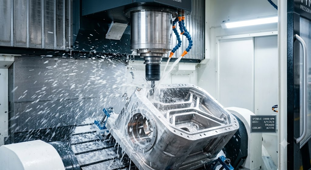 Close up of a 5-axis CNC machine head milling an intricate metal part