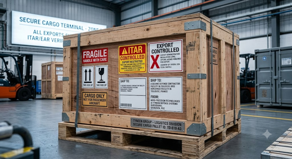 A shipping crate with ITAR and export control labels being prepared for transport