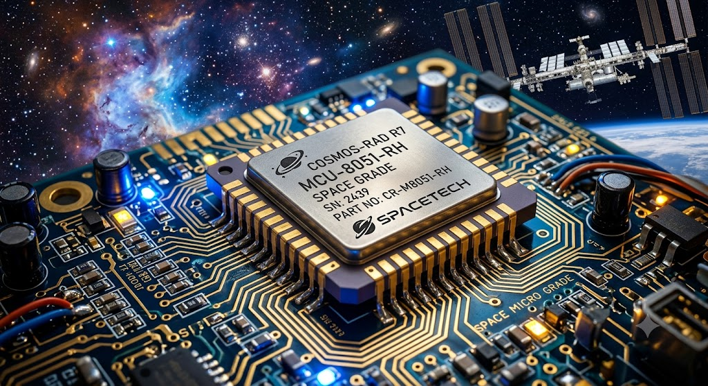 Radiation-hardened microcontroller chip on a high-tech circuit board with space theme background.