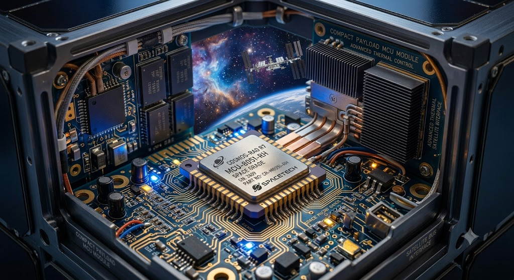 Small satellite internal electronics showing compact integrated circuits and thermal heat sinks