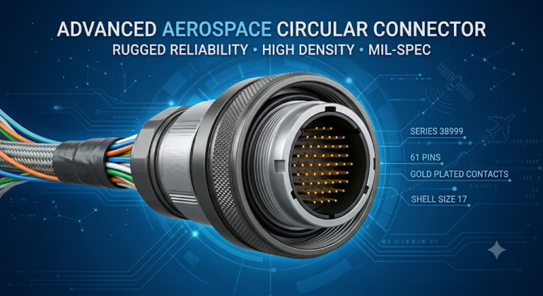 Circular aerospace connector with blue background