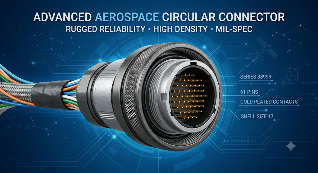 Circular aerospace connector with blue background