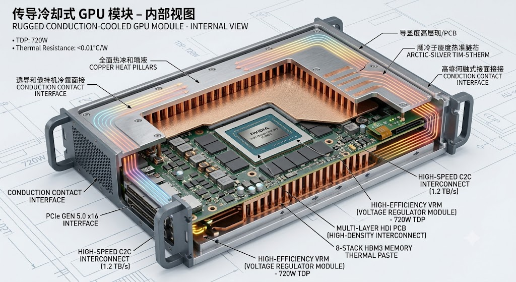 Internal view of a conduction cooled GPU module