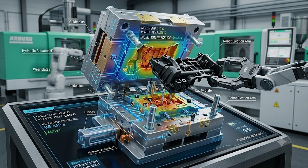 Close up of a digital twin 3D model of a complex injection mold